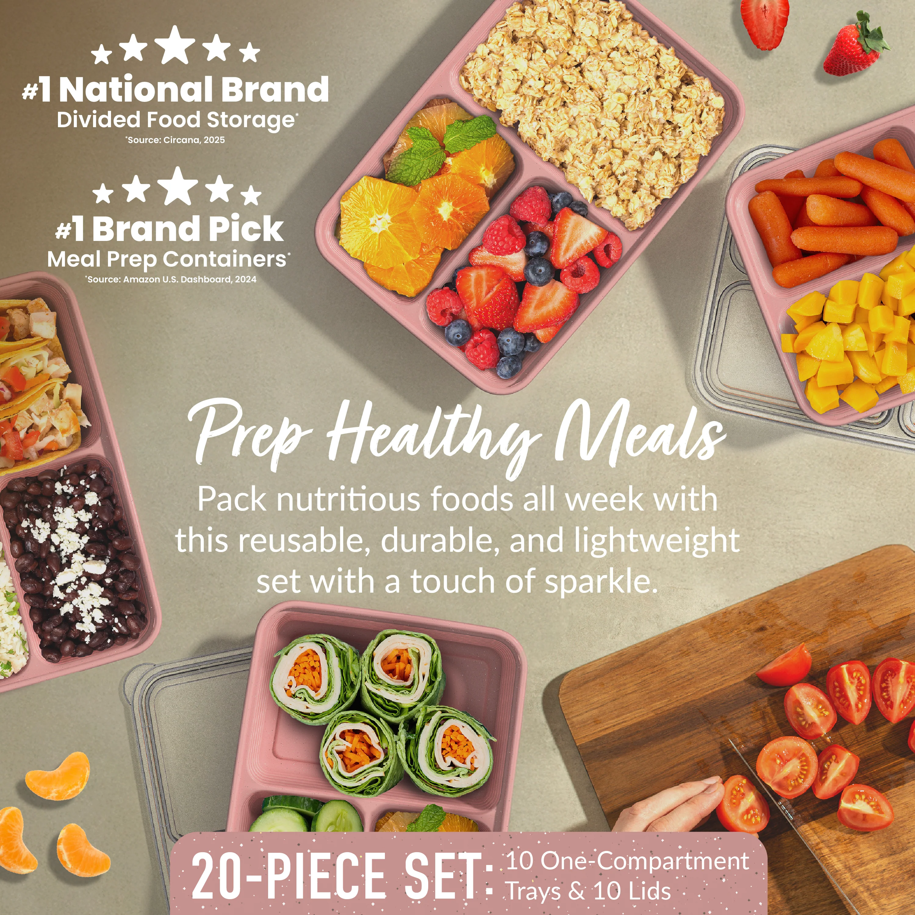 Bentgo Prep 3-Compartment Meal Prep Containers (20-Piece) - Rosette Glitter - Image 34