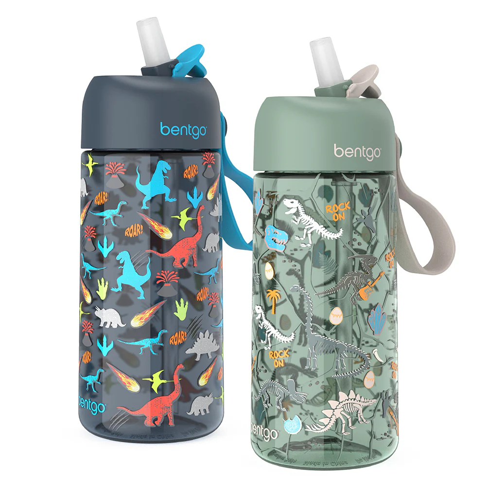 Bentgo Kids Prints Water Bottle (2-Pack) - Dinosaur/Dino Fossils