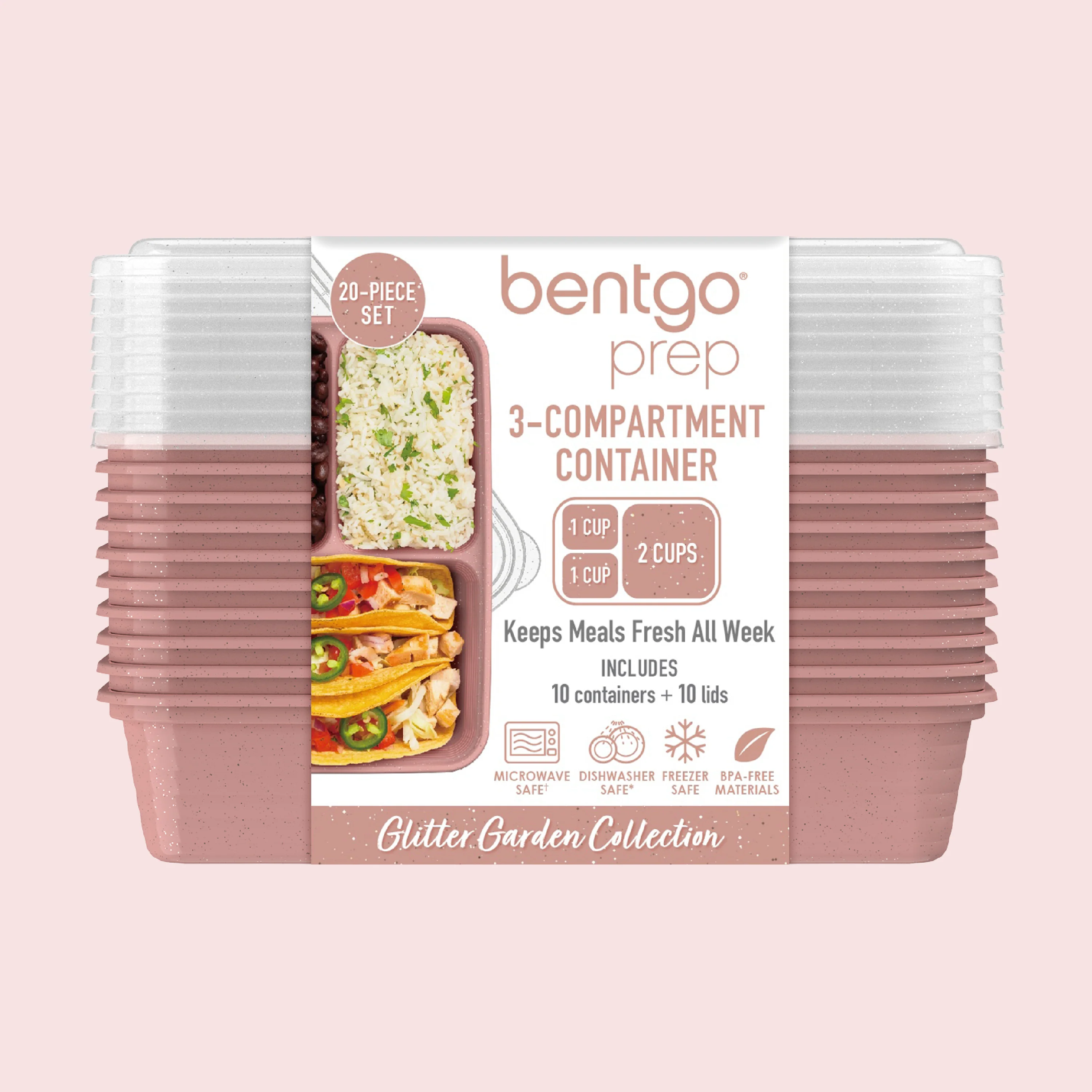 Bentgo Prep 3-Compartment Meal Prep Containers (20-Piece) - Rosette Glitter - Image 40