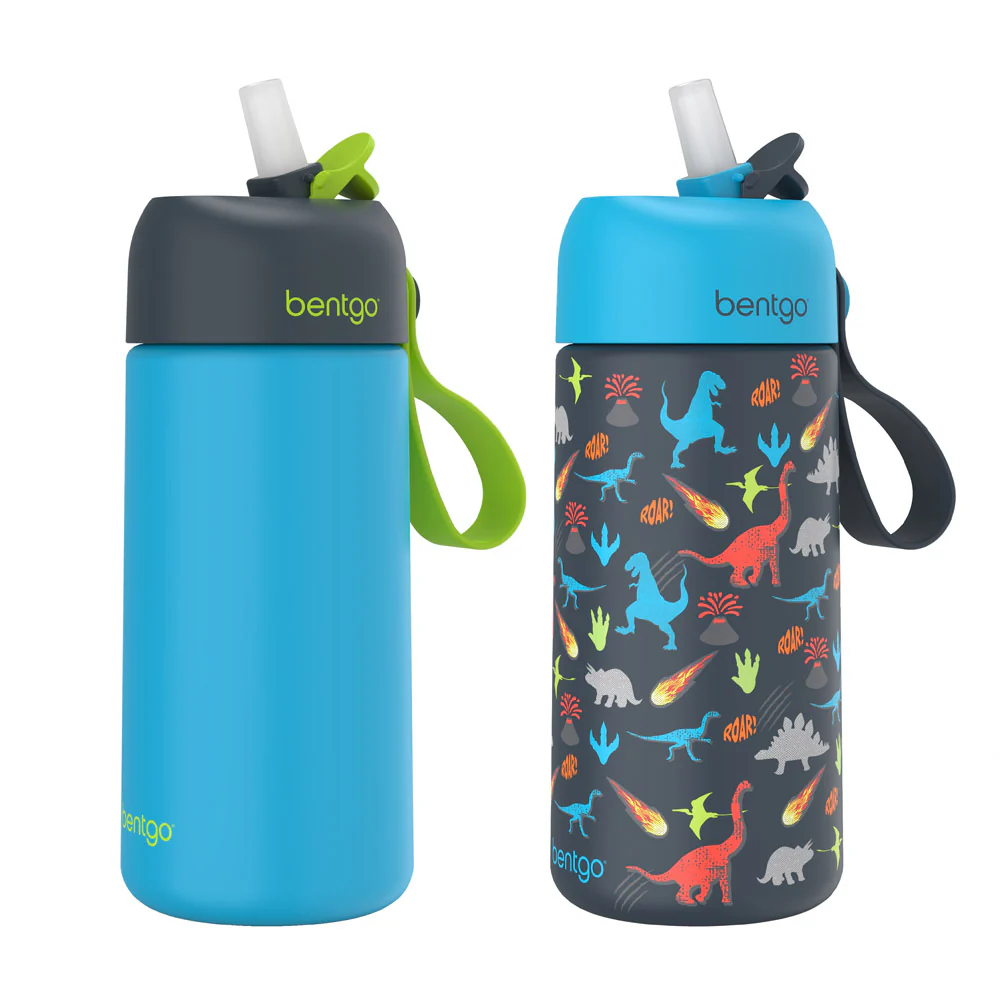 Bentgo Kids Stainless Steel Insulated Water Bottle (2-Pack) - Dinosaur/Dino-Mite Blue