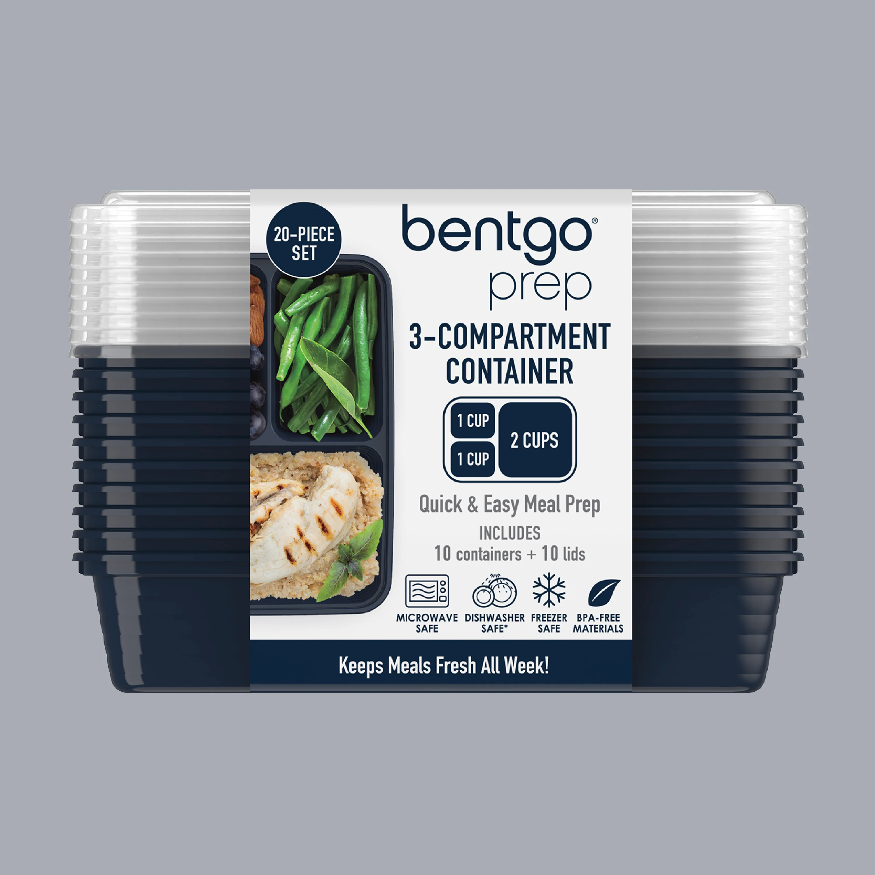 Bentgo Prep 3-Compartment Meal Prep Containers (20-Piece) - Rosette Glitter - Image 16